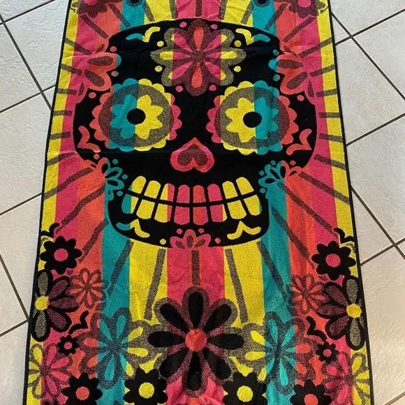 Celebrate Summer Together MultiColor Sugar Skull 60”x32” 100% Beach Towel - Picture 2 of 4
